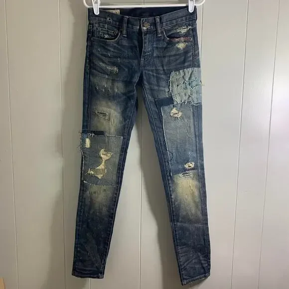 vintage 2000s POLO RALPH LAUREN TOMPKINS SKINNY distressed denim jeans bottom 26 - Picture 2 of 8
